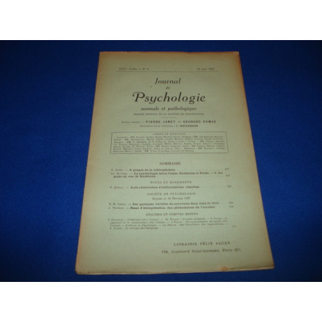 JOURNAL DE PSYCHOLOGIE NORMALE ET PATHOLOGIQUE XXIIème année N°6...